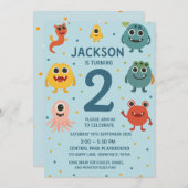 Blue Monster Boys 2nd Birthday Invitation Fun Kind Kaart (Voorkant / Achterkant)