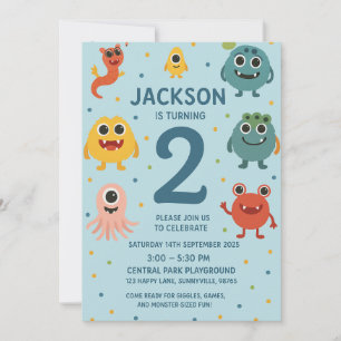 Blue Monster Boys 2nd Birthday Invitation Fun Kind Kaart