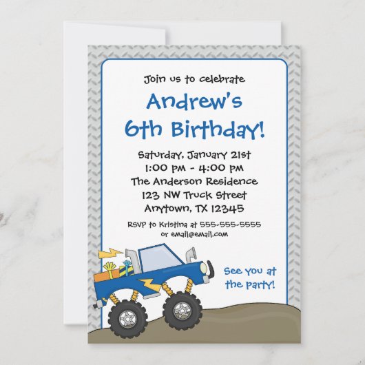 Blue Monster Truck Birthday Invitations Kaart (Voorkant)