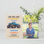 Blue Monster Truck Verjaardag Uitnodigingen (Staand voorkant)