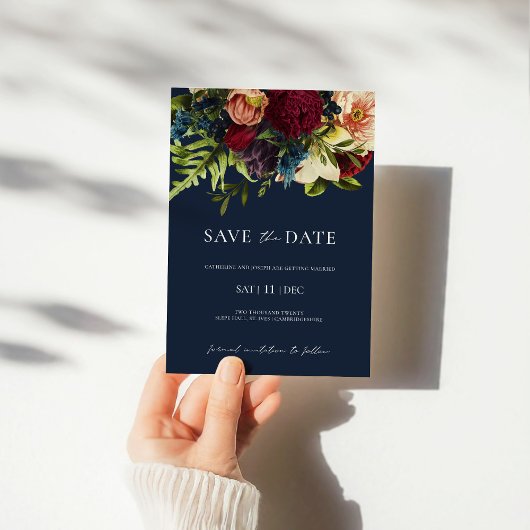 Blue Moody Floral Bourgondië Bruiloft Save the Dat Kaart