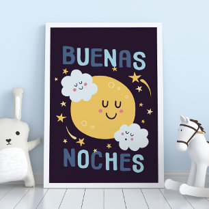 Blue Moon en Stars Nursery Art in Spaans Poster