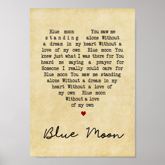 Blue Moon  Heart Song Lyric Wall Art afdrukken Poster (Voorkant)