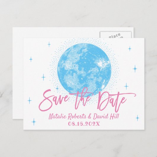 Blue Moon & Stars Celestial Wedding Save the Date Aankondigingskaart (Voorkant / Achterkant)