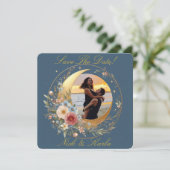 Blue Moonflower Enregistrer la date Faire-part pho (Debout devant)