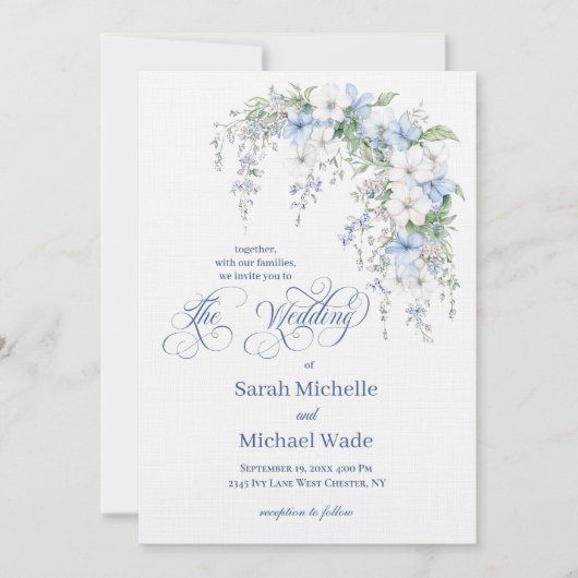 Blue Morning Glory Calligraphy Wedding Invitation (Devant)