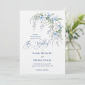 Blue Morning Glory Calligraphy Wedding Invitation (Debout devant)
