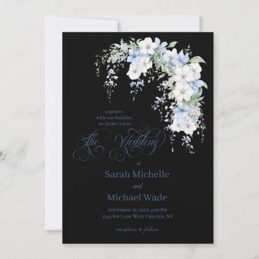Blue Morning Glory Calligraphy Wedding Invitation Kaart (Voorkant)