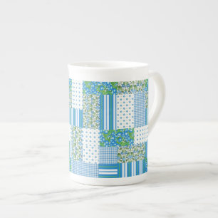 Blue Morning Glory Faux Patchwork Bone China Mok