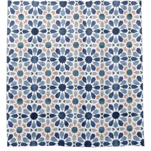 Blue Moroccan Tegel Pattern Douchegordijn (Voorkant)