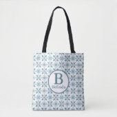Blue Moroccan Tegel Pattern Monogram Draagtas (Voorkant)