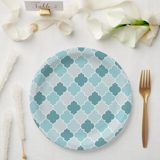 Blue Moroccan Trellis, Latticework, Quatrefoil Papieren Bordje (Huwelijk)