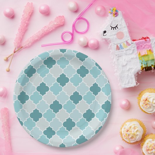 Blue Moroccan Trellis, Latticework, Quatrefoil Papieren Bordje (Feest)