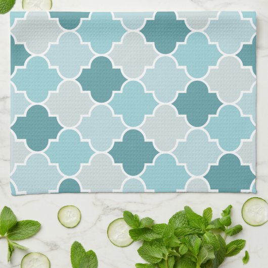 Blue Moroccan Trellis, Latticework, Quatrefoil Theedoek (Gevouwen)