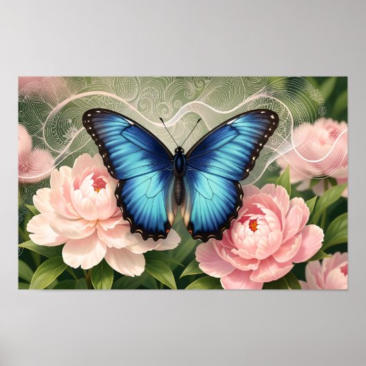 Blue Morpho Butterfly Floral Botanical Art Poster (Devant)