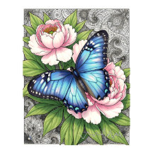Blue Morpho Butterfly Floral Botanical Art