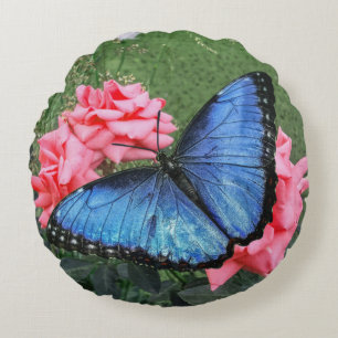 Blue Morpho Butterfly Floral Natuur Art Rond Kussen