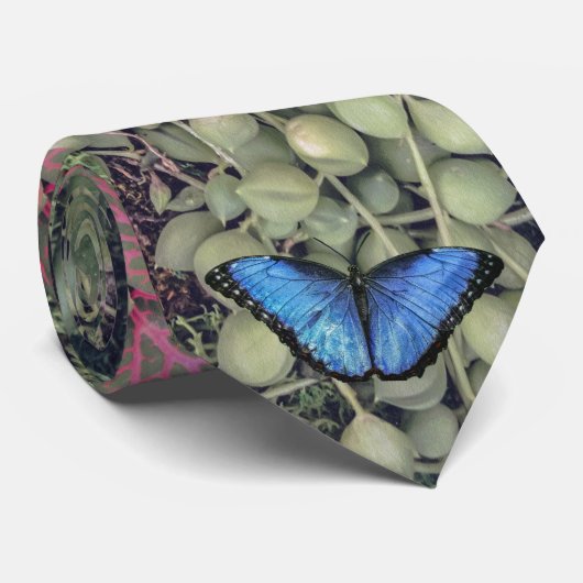 Blue Morpho Butterfly Floral Natuur Art Stropdas (Opgerold)