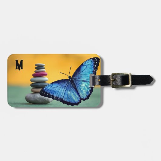 Blue Morpho Butterfly Monogram Naam Letter Bagagelabel (Voorkant horizontaal)