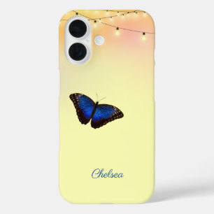 Blue Morpho Butterfly Wings Cafe Licht Aangepast iPhone 16 Hoesje