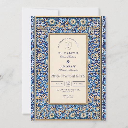 Blue Mosaic Islamic Wedding Kaart (Voorkant)