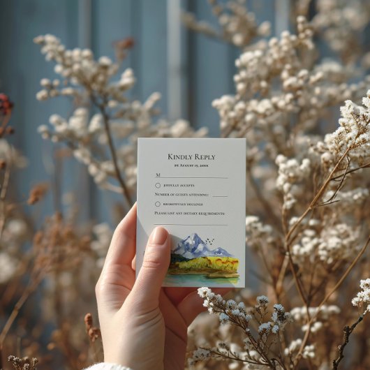 Blue Mountain Aquarel Wedding Response Kaart