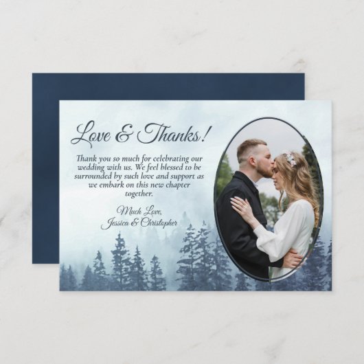 Blue Mountain Pine Trees Rustic Wedding Photo Bedankkaart (Voorkant / Achterkant)
