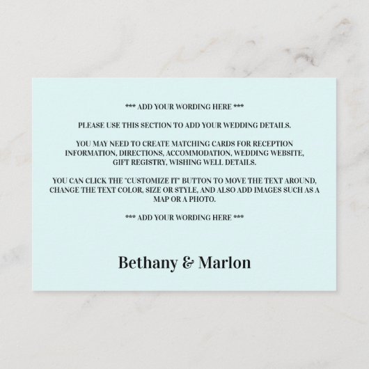 Blue Mountain Range, rustieke bruiloft detail Informatiekaartje (Achterkant)