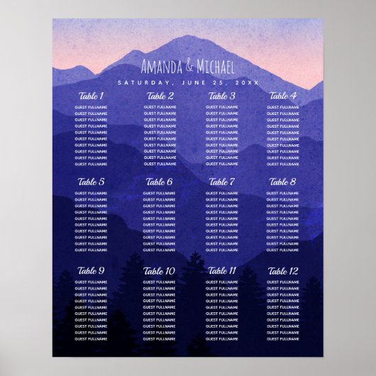 Blue Mountains Wedding Seating Chart Poster (Voorkant)