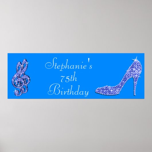 Blue Music Note en Stiletto 75th Birthday Poster (Voorkant)