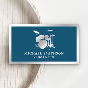 Blue Music Teacher Silver Foil drumstel drummer Visitekaartje