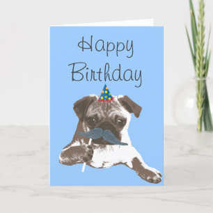 Blue Mustache Pug Happy Birthday Kaart