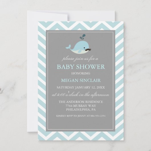 Blue Mustache Whale Boy Baby shower Kaart (Voorkant)