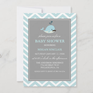Blue Mustache Whale Boy Baby shower Kaart