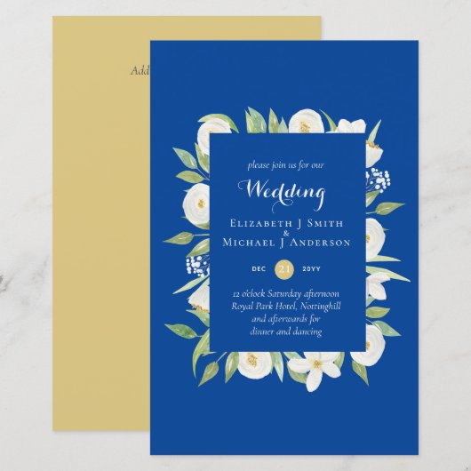 Blue Mustard Green Floral Budget Wedding Invite A9 (Voorkant / Achterkant)