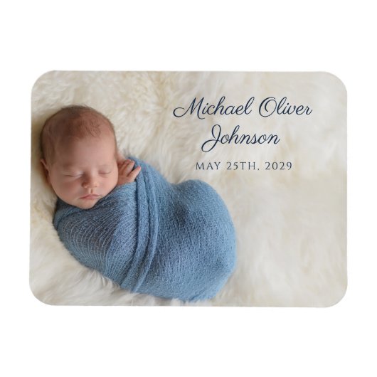 Blue Name Birth Date Script Baby Foto Magneet (Horizontaal)