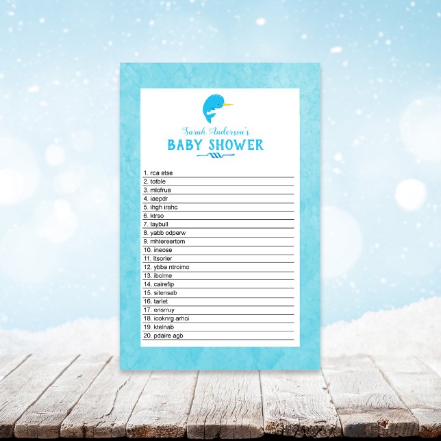 Blue Narwhal Baby shower Word Scramble Game (Creator heeft geüpload)