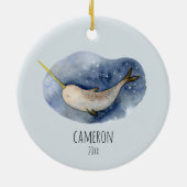 Blue Narwhal Modern Waterverf Ocean Personalized Keramisch Ornament (Achterkant)