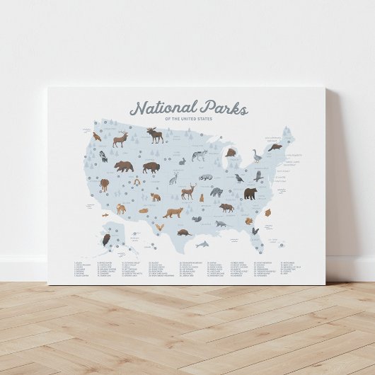 Blue National Parks Map Woodland Nursery Decor Canvas Afdruk