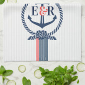 Blue Nautical Anchor Knot & Stripes Monogram Theedoek (Gevouwen)