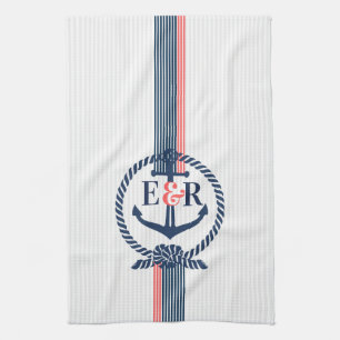 Blue Nautical Anchor Knot & Stripes Monogram Theedoek