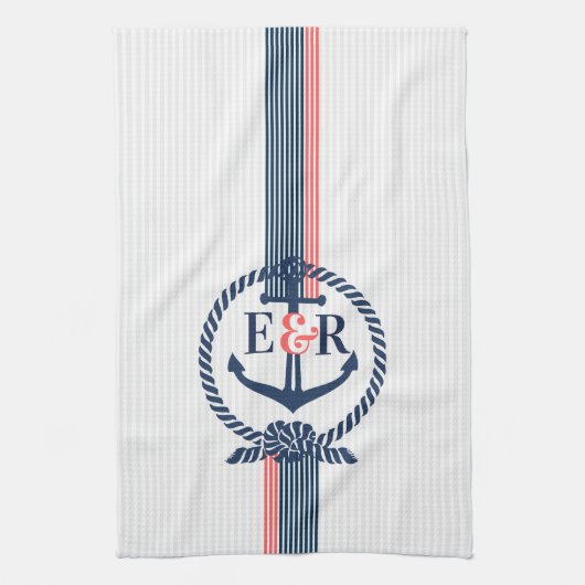 Blue Nautical Anchor Knot & Stripes Monogram Theedoek (Verticaal)