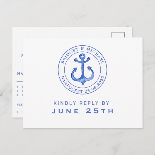 Blue Nautical Anchor | RSVP Weddenschap Uitnodiging Briefkaart (Voorkant / Achterkant)