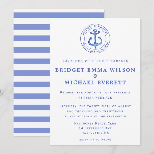 Blue Nautical Anchor Wedding Invitation Kaart (Voorkant / Achterkant)