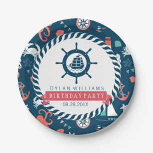 Blue Nautical Boat Wheel & Marine Life Pattern Papieren Bordje