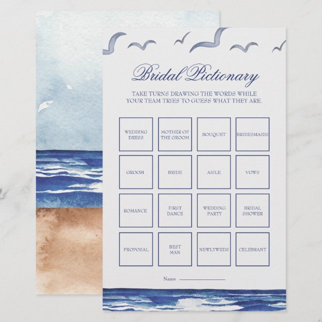 Blue Nautical Coastal Zee Bruids Pictionary Game (Voorkant / Achterkant)