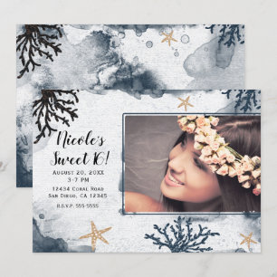 Blue Nautical Coral Waterverf Sweet 16 Foto Kaart