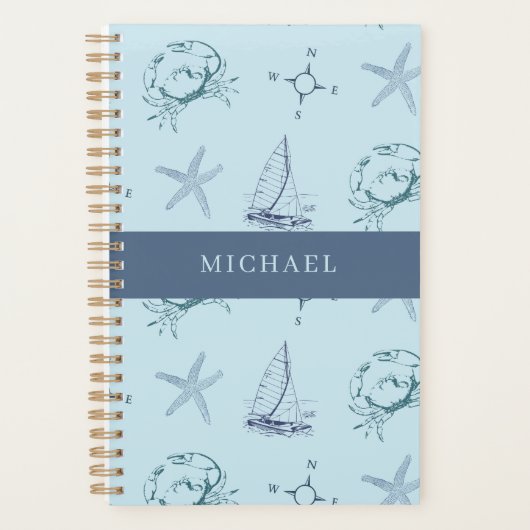 Blue Nautical Crab Starfish Boat Pattern Planner (Voorkant)