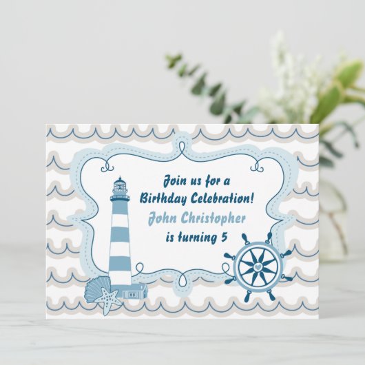 Blue Nautical Lighthouse Jongens Verjaardag Uitnod Kaart (Staand voorkant)