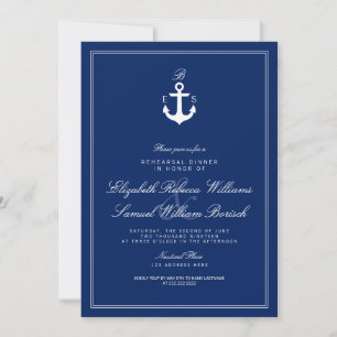 Blue Nautical Monogram Rehearsal Dinner Invite Kaart